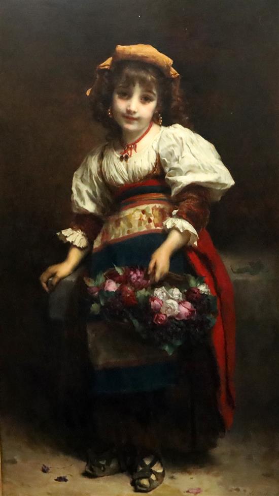 Etienne Adolphe Piot (French 1850-1910) Study of a young girl with a basket of flowers 49 x 29in.